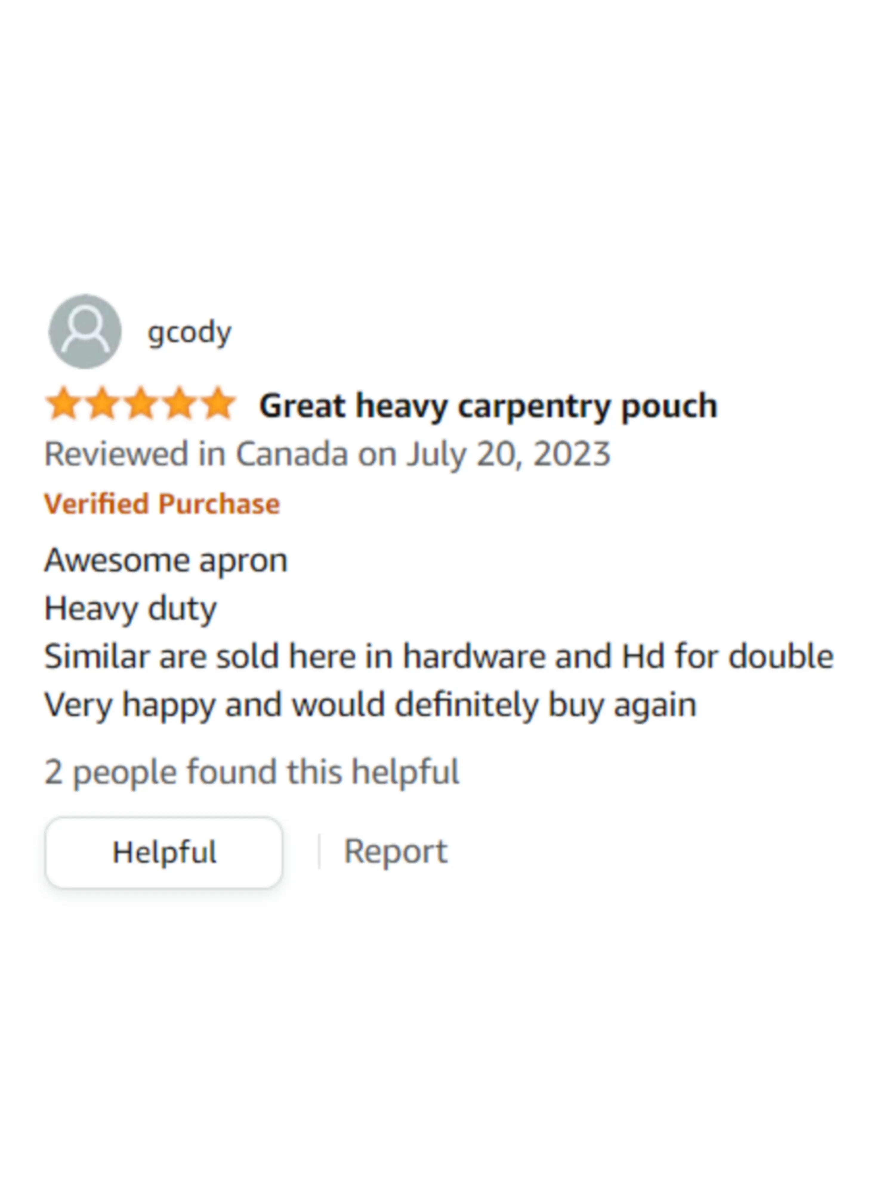 5 Star Amazon Review for RM tool belt, Carpenter pouch